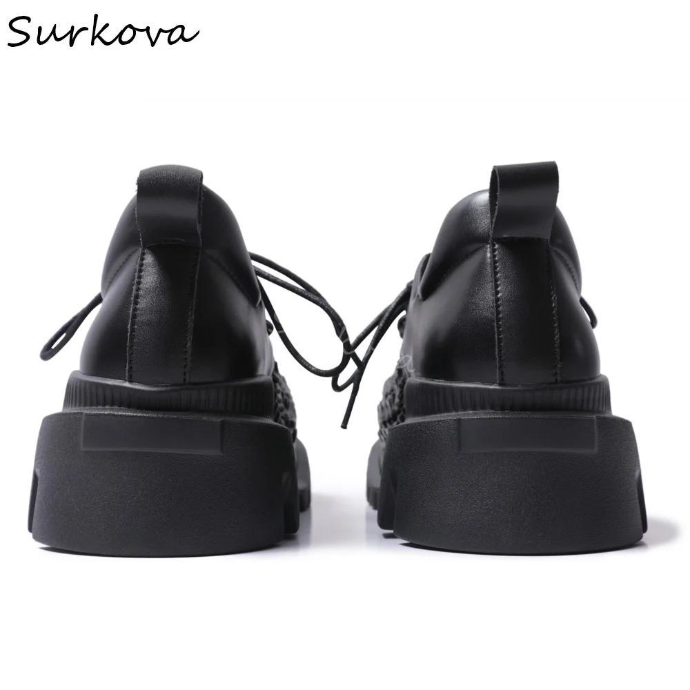 Square Toe Woven Lace-up Leather Shoes Women Platform Chunky Heel Height Increasing Shoes 2025 Spring New Fashion Casual Shoes