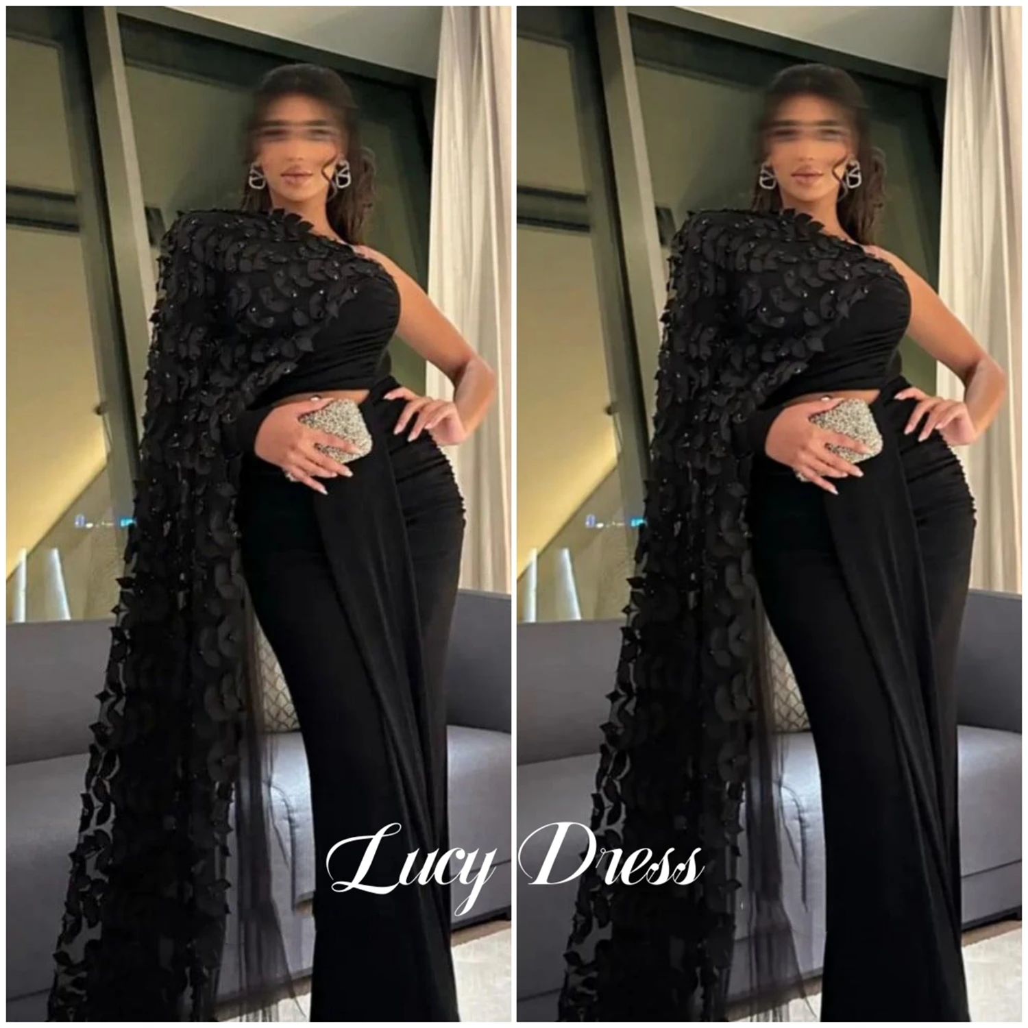 Lucy Sexy Gala Dress Party Evening Elegant Luxury Celebrity Mermaid Eid Al-fitr Three-dimensional Leaf Shawl Black Ball Gowns