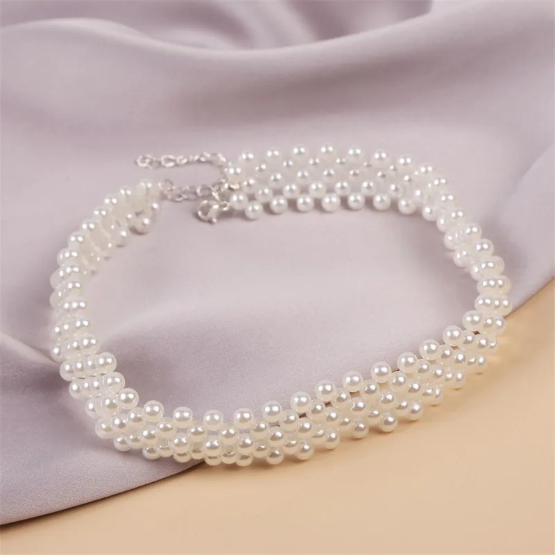 Bohemian Summer Simplicity Weave Imitation Pearl For Women Collarbone Necklace Exaggerated Wedding Short Neckchain Jewelry Gift