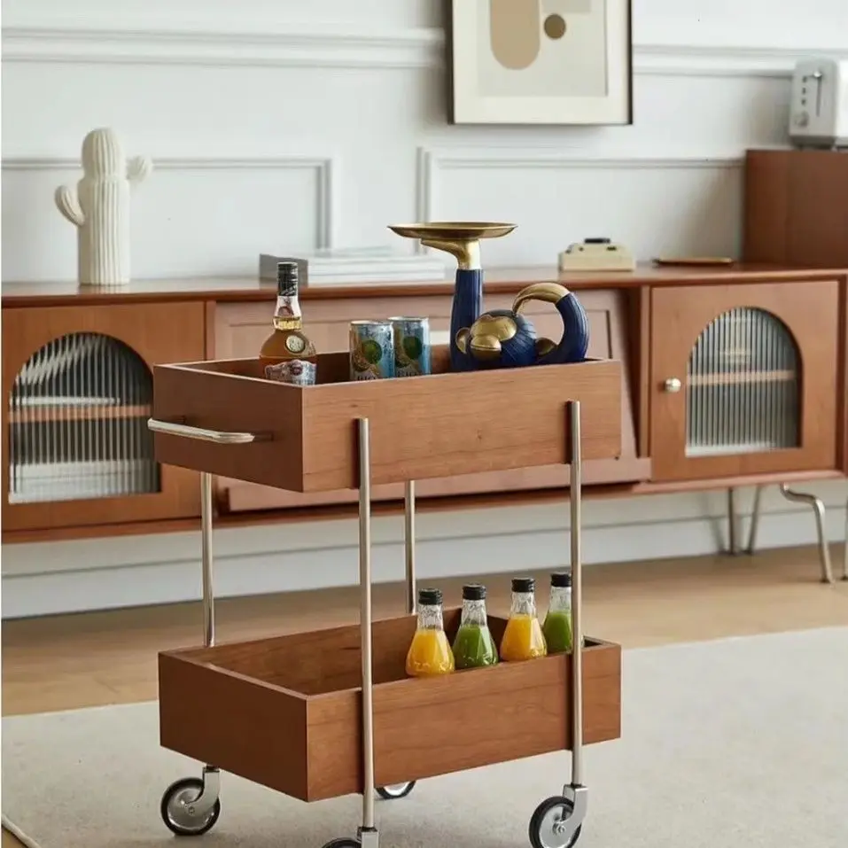

Solid wood cart, living room, sofa storage cabinet, household multi-layer snacks, bedside shelves, movable medieval edge