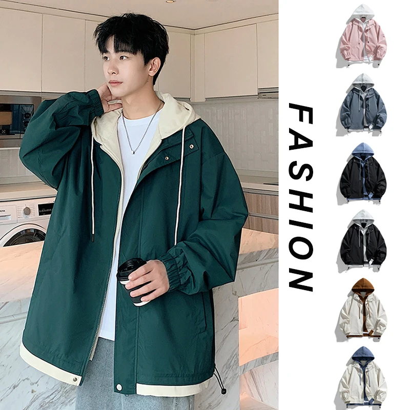 

Spring Autumn American High Street Retro Fake Two-Piece Jackets For Couples College Style Versatile Casual Hooded Trendy Brand