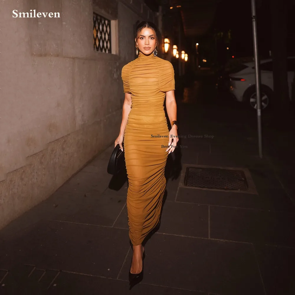 

Smileven Fashion High Neck Orange Pleats Evening Dresses Short Sleeve Prom Maxi Dresses Modest Party Gowns Customized