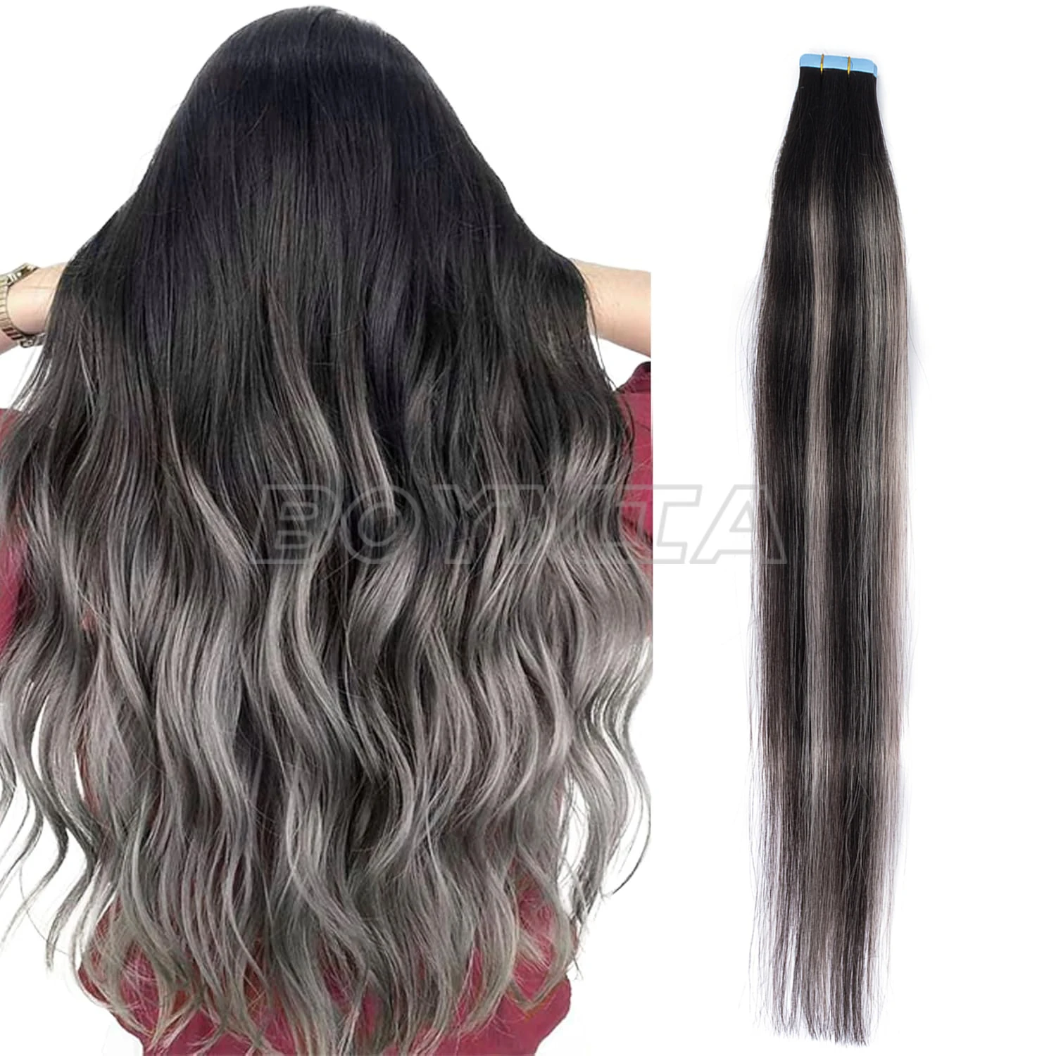 

Накладные волосы на лентах, 20 штук, 100% натуральные человеческие волосы, в комплекте водонепроницаемые ленты, балаяж, омбре, черные с серебристо-серыми прядями, черные