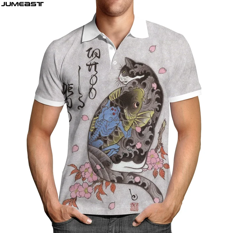 Jumeast Y2k Men Women 3D Printed Sweatshirt Hip Hop Japanese Samurai Cat Tattoo Fashion Polo T Shirt Sport Pullover Tops Tees