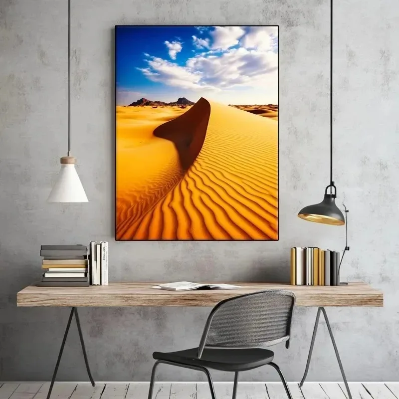 Golden Desert Sand Dunes Landscape Poster Sunsets and Mountains Dune Footprints Canvas Painting Wall Art Living Room Home Decor