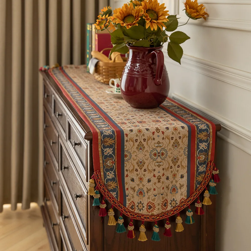 

American Style Retro Jacquard Table Cloth Vintage Long Strip Cabinet Cover with Tassel Exquisite Tea Table Cover Cloth TV Stand