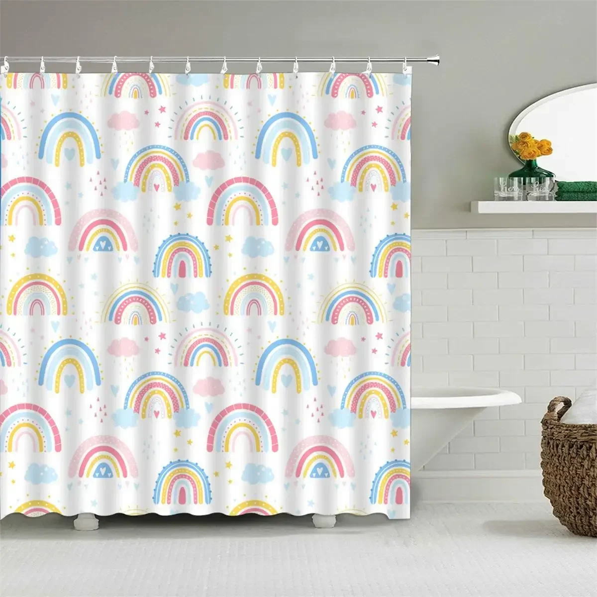 Cartoon Cute Shower Curtain, Funny Animals Cat Rainbow Colorful Butterfly Kids Boys Girls Bathroom Bathtub Screen Decoration