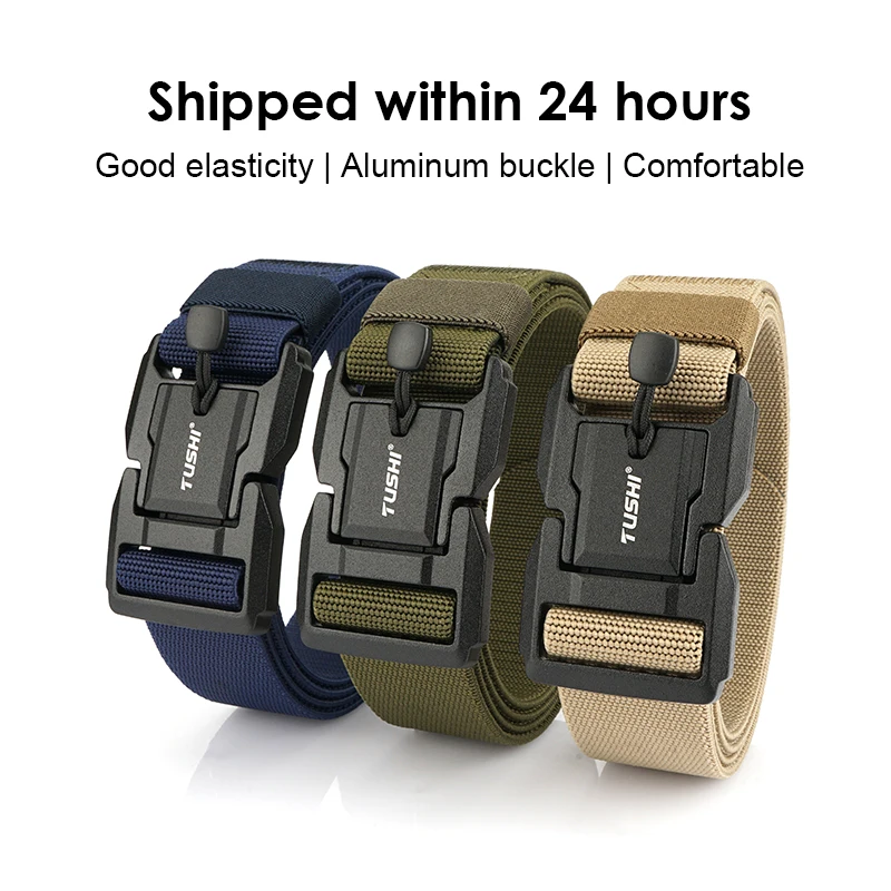 HSSEE New Men's Elastic Casual Belt Quick Release Aluminum Buckle Tactical Outdoor Belt Soft Nylon Jeans Waistband Male Strap