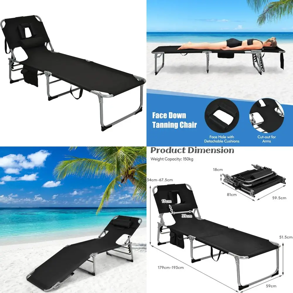 

Adjustable 5-Position Backrest Folding Tanning Lounge Chair with Face Hole, Pillow, and Side Pocket for Beach Use