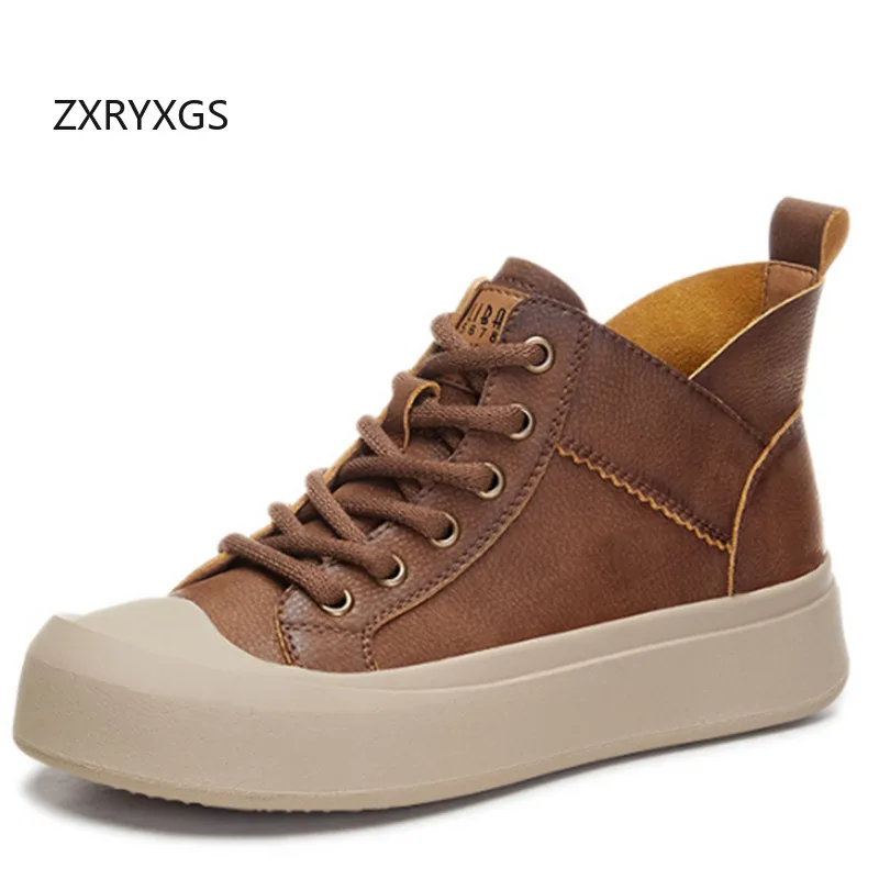 ZXRYXGS Cross Straps Genuine Leather Women's Vulcanized Shoes Boot 2024 Autumn Winter Sneakers Platform Shoes Increase Plus Size