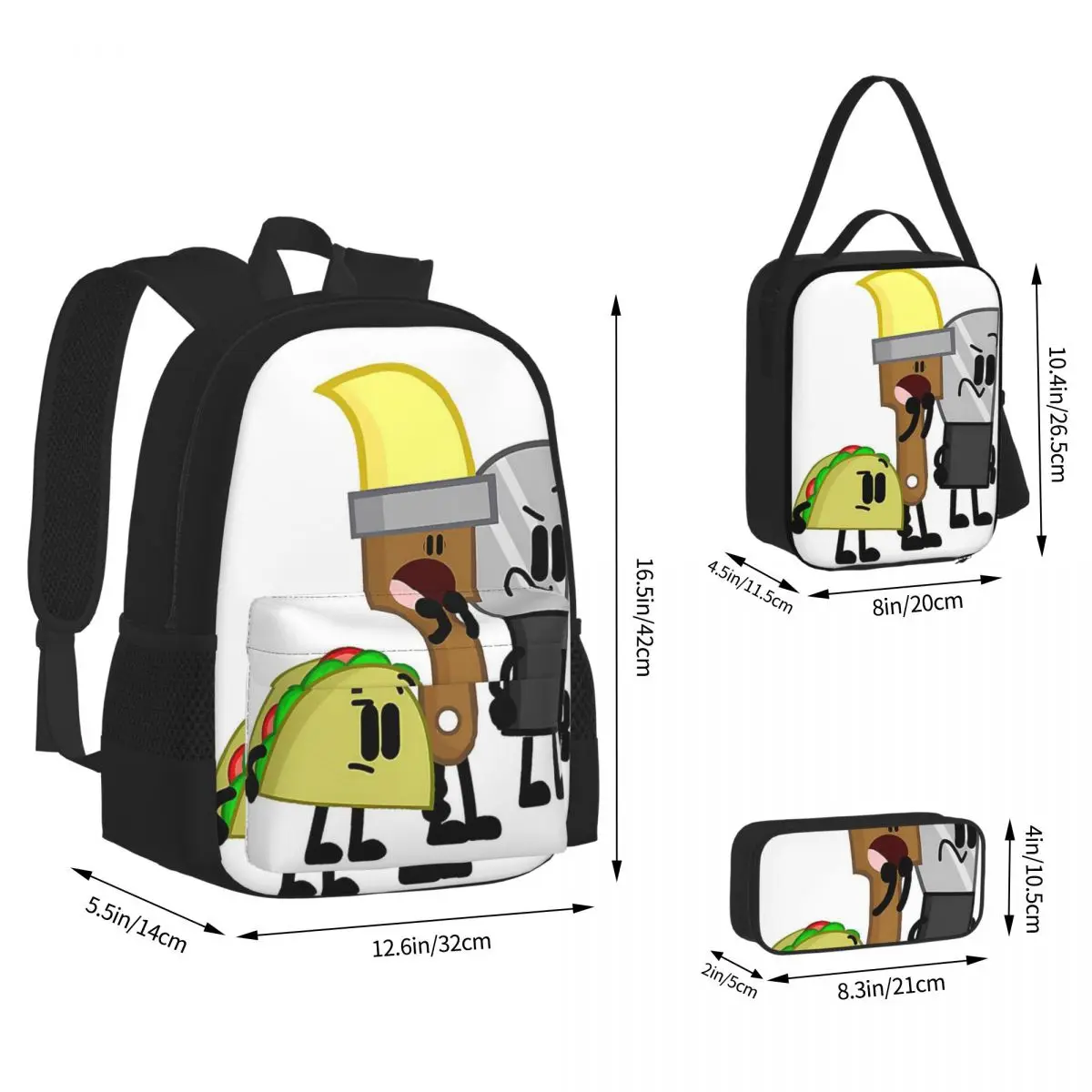 BFDI Inanimate Insanity , All Characters 4 Backpacks Boys Girls Bookbag School Bags Rucksack Lunch Bag Pen Bag Three-Piece Set