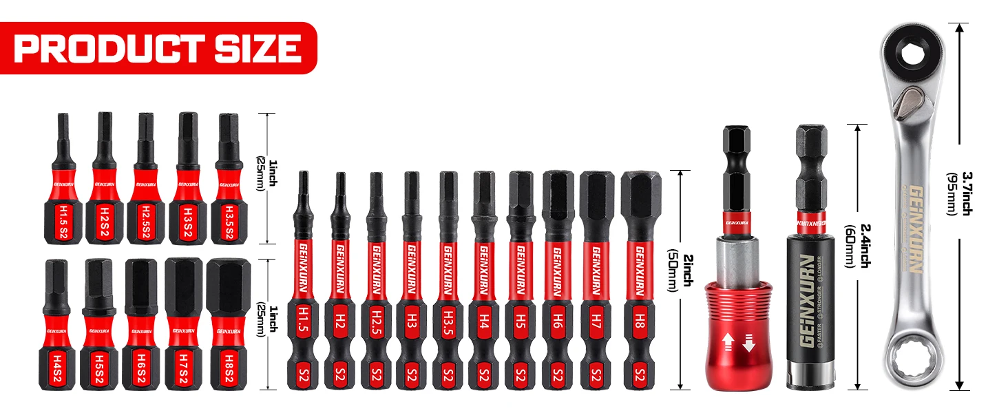 Geinxurn HEX Metrisch 1.0-8 mit Schlaghalter, Schraubenschlüssel & Halter, Schlagschrauber-Bit-Set, S2-Stahl, für Autoreparatur und Heimgebrauch – Detail 1