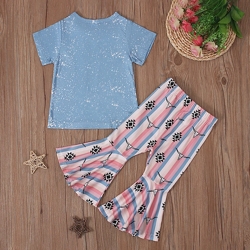 Baby Girl Western Outfits Cow Head Rainbow Print Short Sleeve T-Shirt and Elastic Flare Pants Summer 2 Piece Clothes