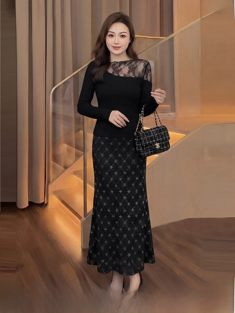 

Spring Early Knitted Lace Embroidery Oversize Women's Faion Set with Slant oulder High Waist A-Line Skirt And Long Sve...