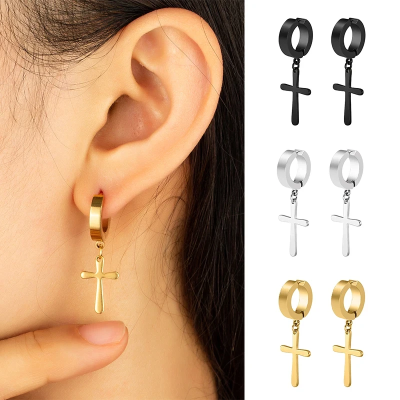 1 Pair Punk Stainless Steel Cross Stars Pendant Ear Clip No Piercing Earrings For Women Hiphop Fashion No ear hole Men Jewelry