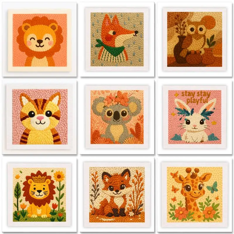 

Punch Needle Embroidery Kit for Beginners Cute Cartoon Animal Soft Yarn Hoop Embroidery Set With Frame Home Decor Perfect Gifts