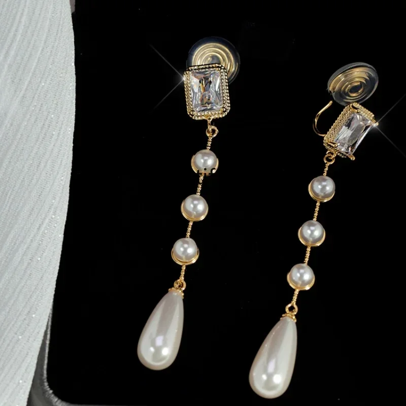 

L11 zqVintage Water Drop Pearl Earless Ear Clip Fashion Long Silver Needle Stud Earrings Female Earrings Face Slimming