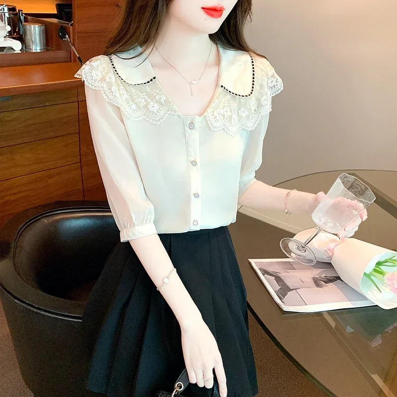 Summer Short Sleeve Lace Doll Collar Women Shirt Chiffon Shirt Blouse Women Tops Blusas Mujer De Moda 2024 Verano Shirts G510