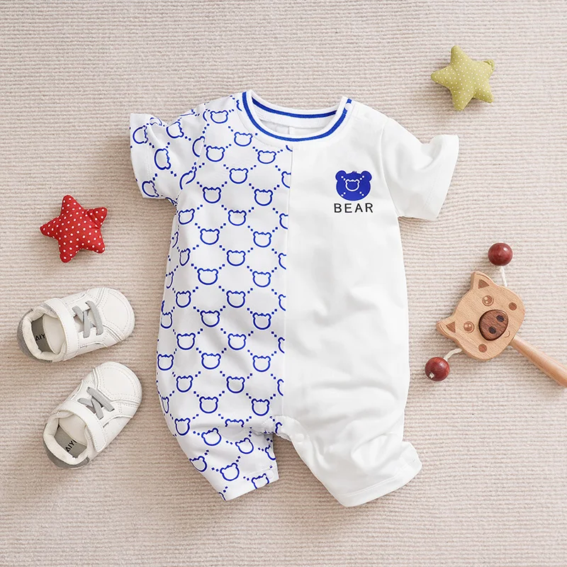 Newborn Clothes Cute Cartoon Patchwork Teddy Bear Comfortable And Soft Summer Boys And Girls 0-18 Short Sleeved Baby Jumpsuit