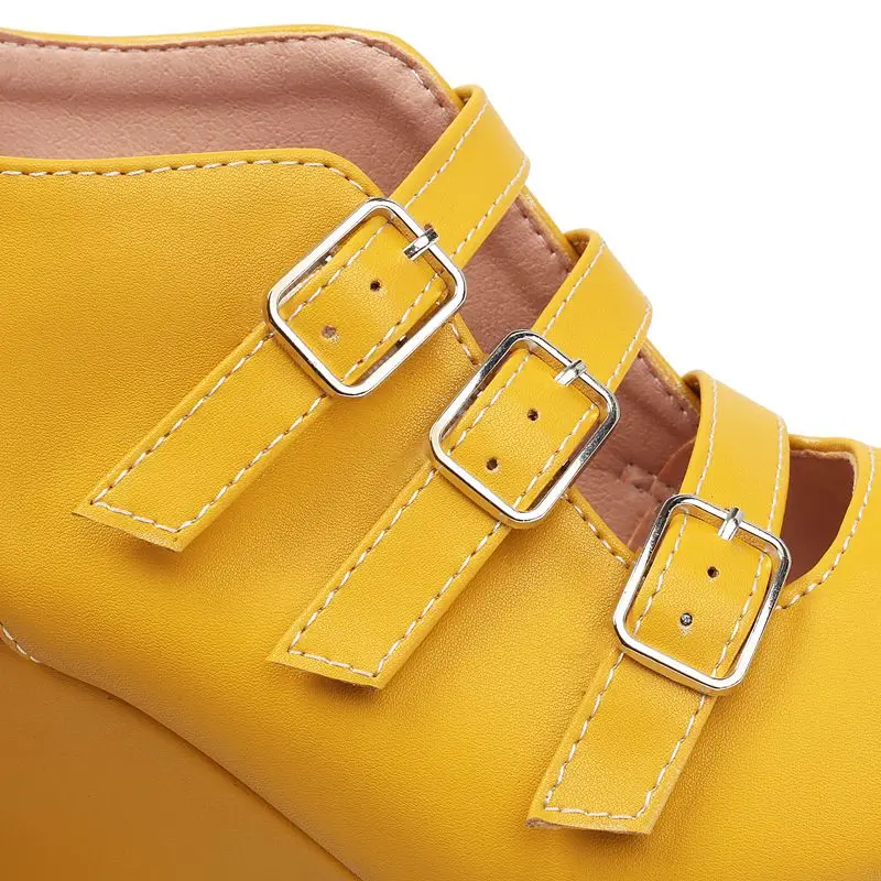 ORCHA LISA Yellow Female Sandals Square Toe 8.5cm Wedges Heel Belt Buckles Slip On Plus Size 41 42 43 Sexy Dating Shoes Footwear