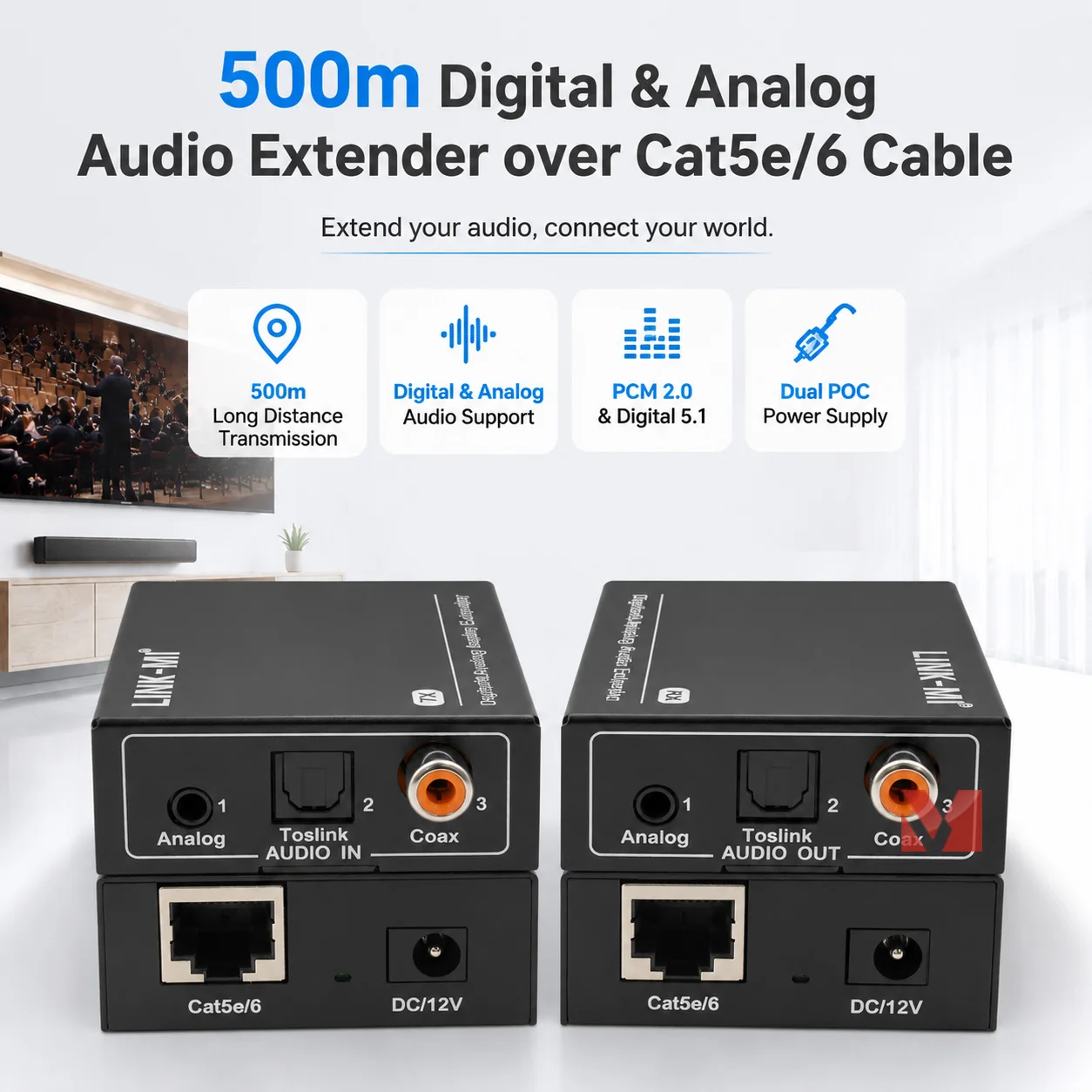 500m Audio Extender Digital Analog Optical Toslink Coaxial Transmitter Receiver over Cat5e Cat6 POC Digital 5.1 PCM2.0 48kHz