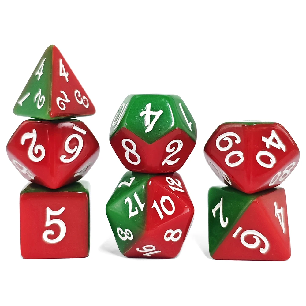 Red & Green Two-Tone Polyhedral Dice Set, 7-Piece Acrylic DND Dice with White Numbers for Dungeons & Dragons, TRPG, Tabletop