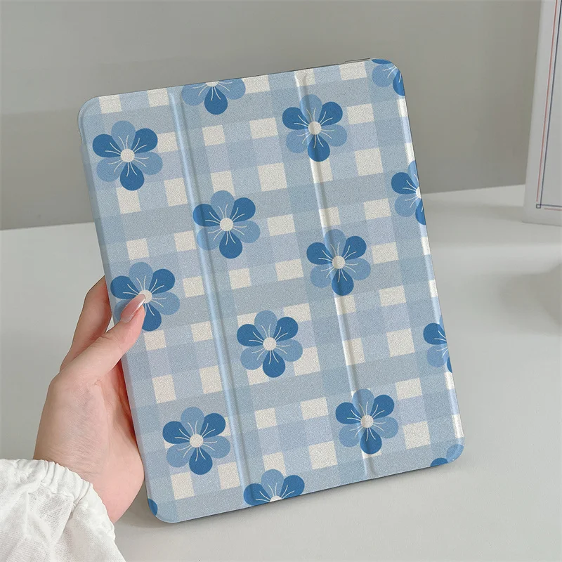 Etui Cute Flower Plaid Case do Apple iPad Air 2024 Pro 11 cali Air5/4 10.9 iPad 5/6/7/8/9 9.7 Air 3 10.2/10.5'' mini 6/5/4 Cover