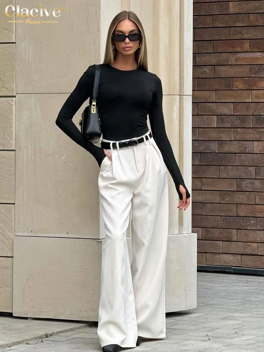 Clacive mode ample blanc bureau femmes pantalon 2025 décontracté taille haute pantalon large élégant pleine longueur pantalon femme Cltohing