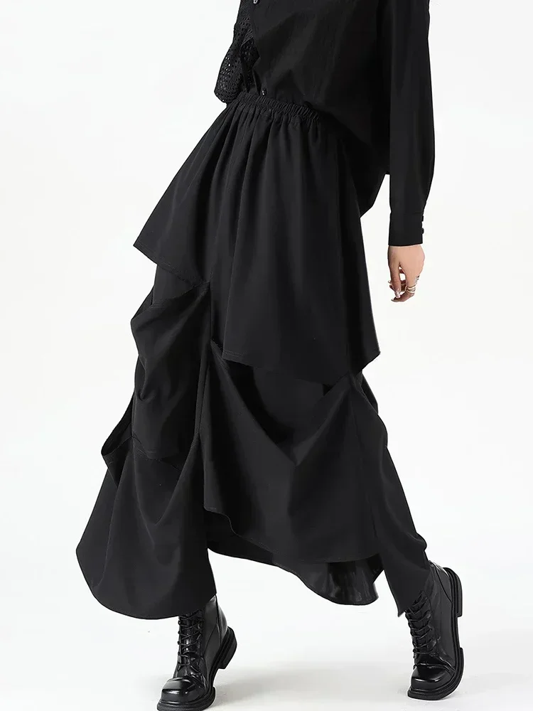 XITAO Hollow Out Folds Patchwork Skirts Solid Color Elastic Waist A-line Mid-calf All Match Personality 2025 Autumn New GJ1086