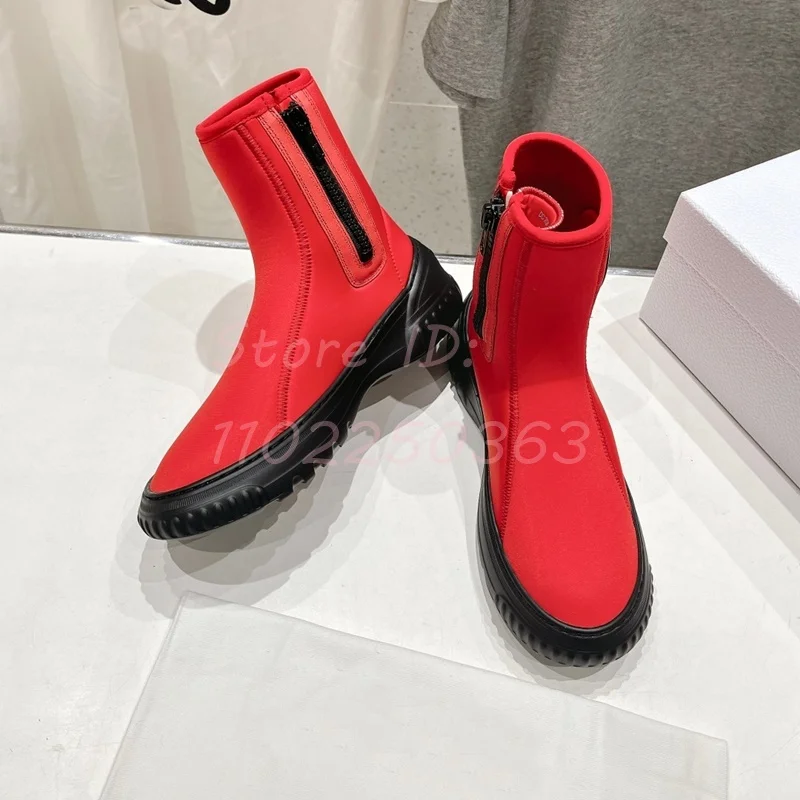 Red Back Zipper Ankle Boots Concise Round Toe Cloth Platform Stretch Boots 2024 Winter Women Fashion Casual Shoes Green Yellow