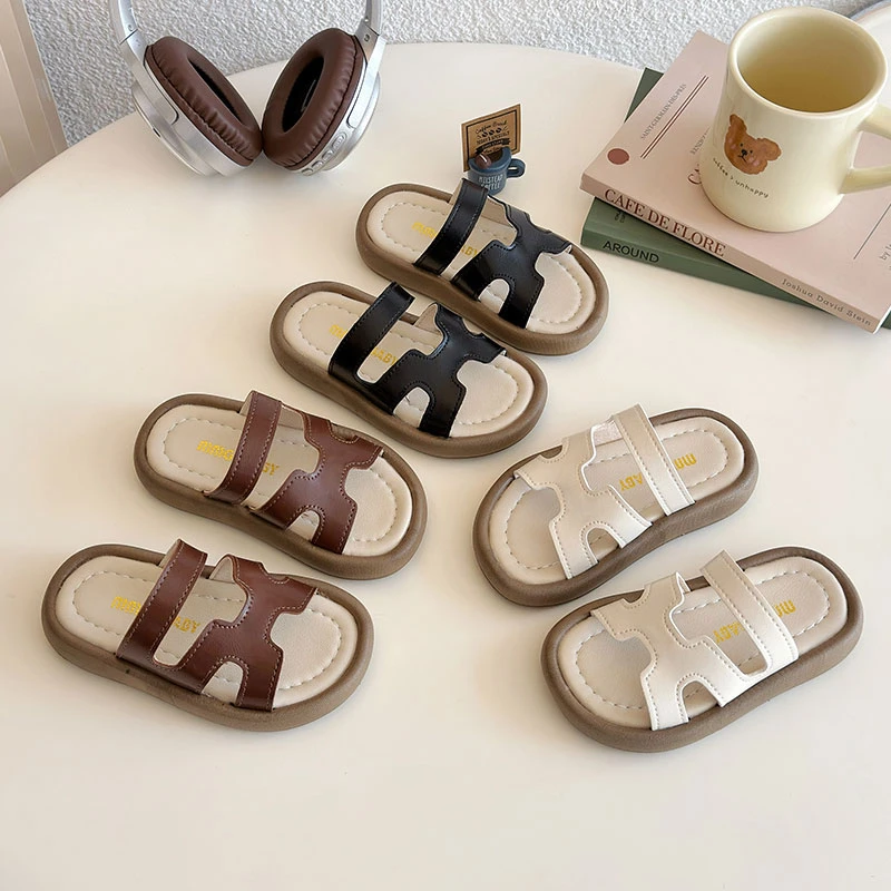 

New Summer Children Sandals Kids Leather Toddler Girls Soft Sole Roman Beach Shoes Anti-Slip Slippers Wearable Outdoor Sandals