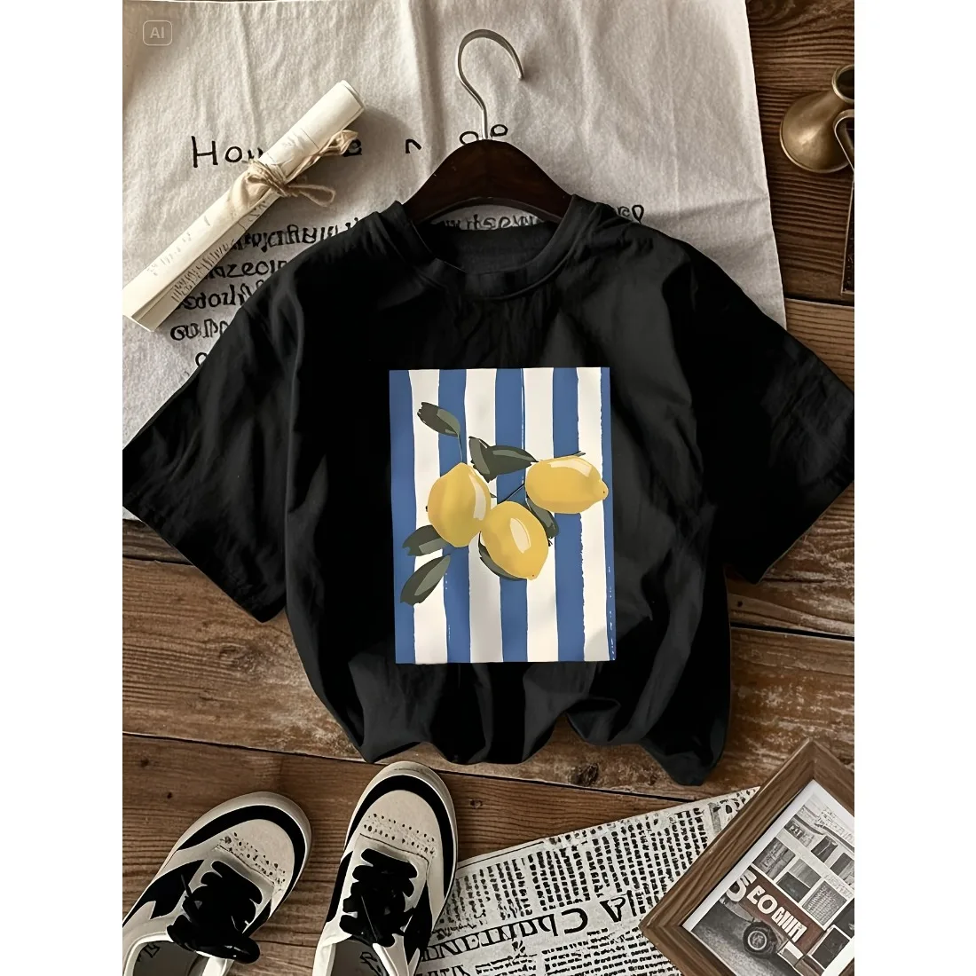Children's Round Neck T-shirt Fashionable Loose Soft Comfortable Lightweight Breathable Simple Fresh Lemon Pattern Top