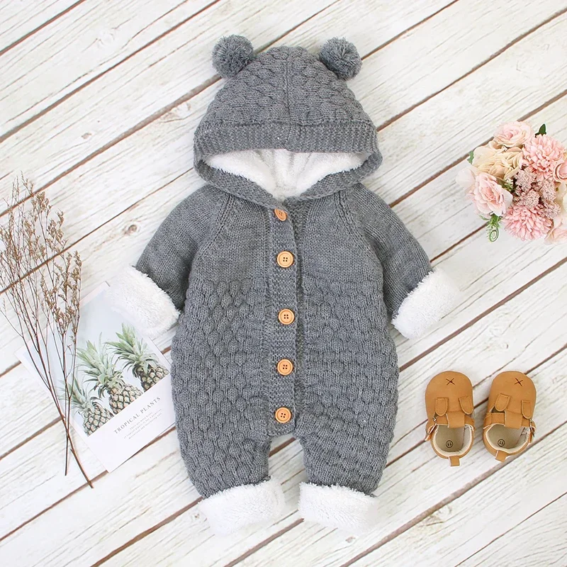 Baby Romper Long Sleeve Winter Warm Knit Newborn Infant Fleece Jumpsuit Toddler Boy Girl Clothes Outfit Fashion Hooded Cute Ears