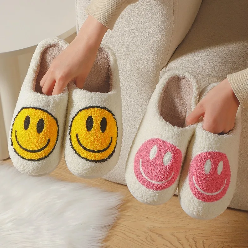 2025 cotton slippers winter children's parent-child cotton plush warm plush slippers clock smiley cotton slippers