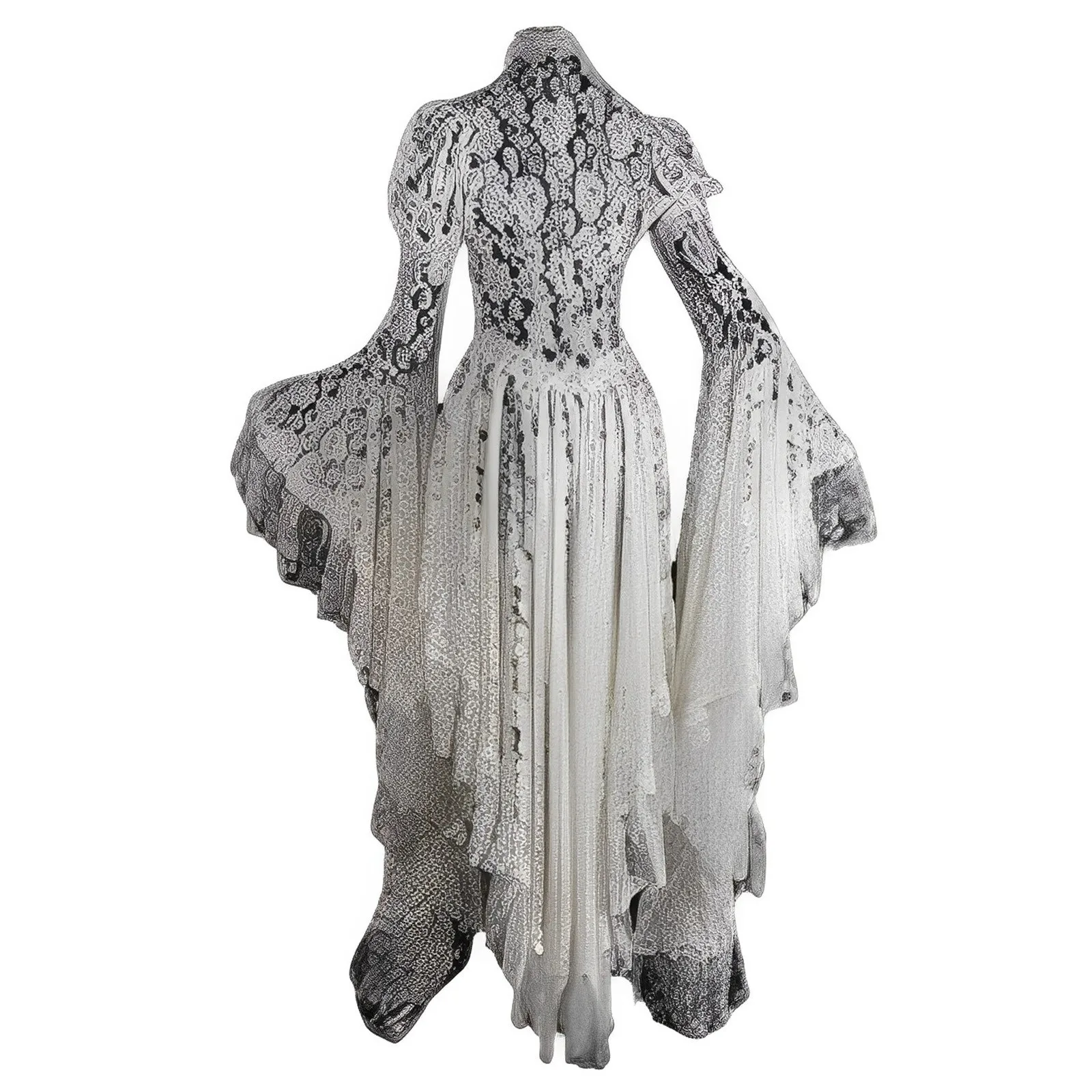 Halloween White Vintage Solid Lace Flare Sleeve Medieval Cardigan Cosplay Elegant Long Tail Pleated Outwear Victorian Ball Gown