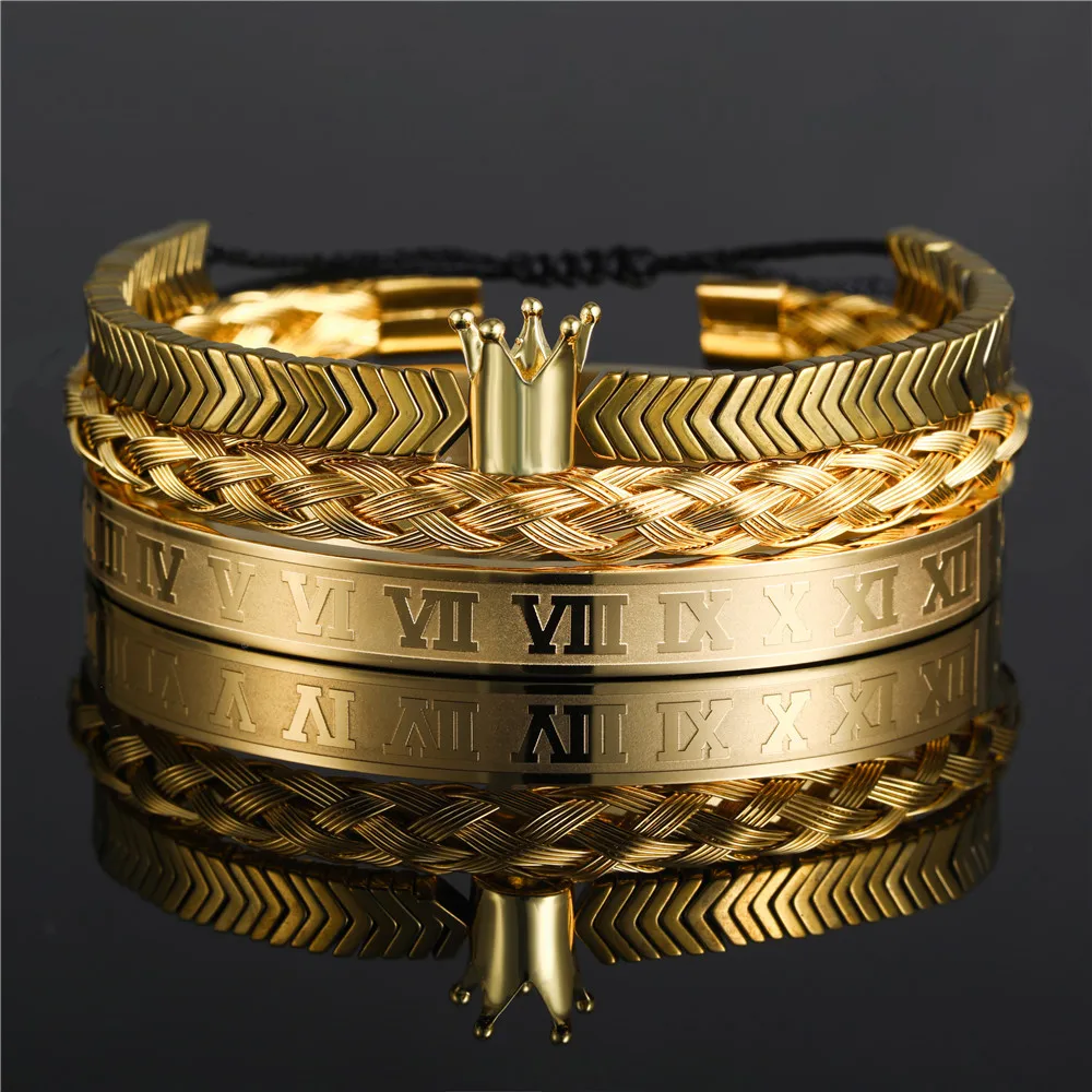 

Charm Men Stainless Steel Roman Number Bangles Luxury Gold Black Colors Crown Bracelets Open Adjustable Couple Jewelry Pulseira