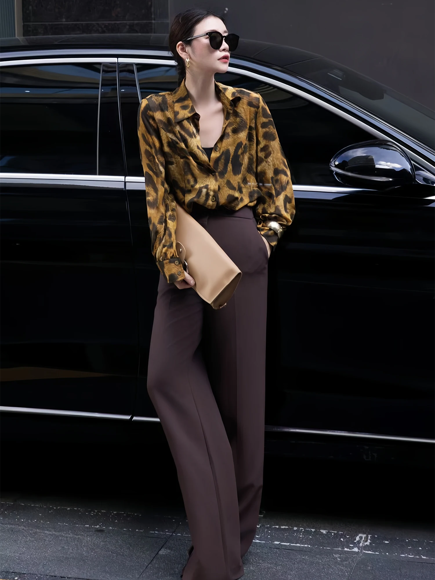 

Элегантный женский топ с леопардовым принтом в стиле ретро, свободного кроя, с длинными рукавами, удобный, универсальный, повседневный, модный, из полиэстера.