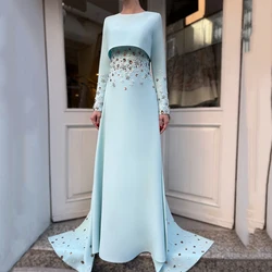 Customized Sky Blue Jersey O-neck A-line Evening Dress Crystal Full Sleeves Party Dress Sweep Train Floor Length Prom Gown