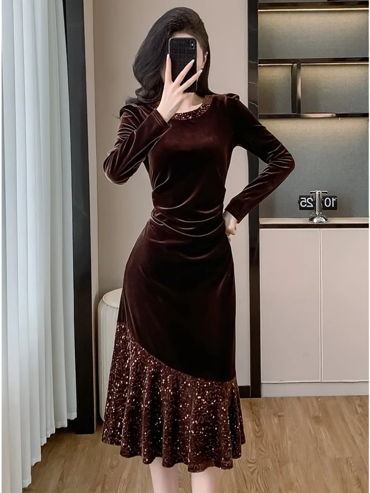 SMTHMA New Arrival Vintage Elegant Sequin Velvet Dresses For Women O-Neck Long Sleeve Midi Party Dresses Vestidos