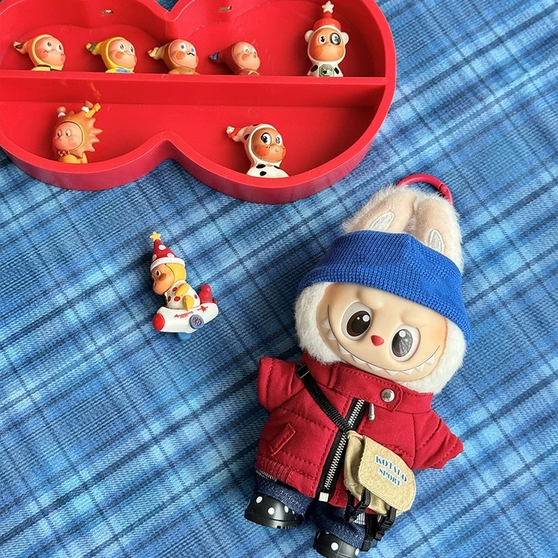 Kurtki puchowe dla lalek Labubu 15-17 cm, odzież narciarska laserowa, modne ubrania, zimowa kamizelka puchowa z jeansami, buty, kompletny zestaw ubrań.