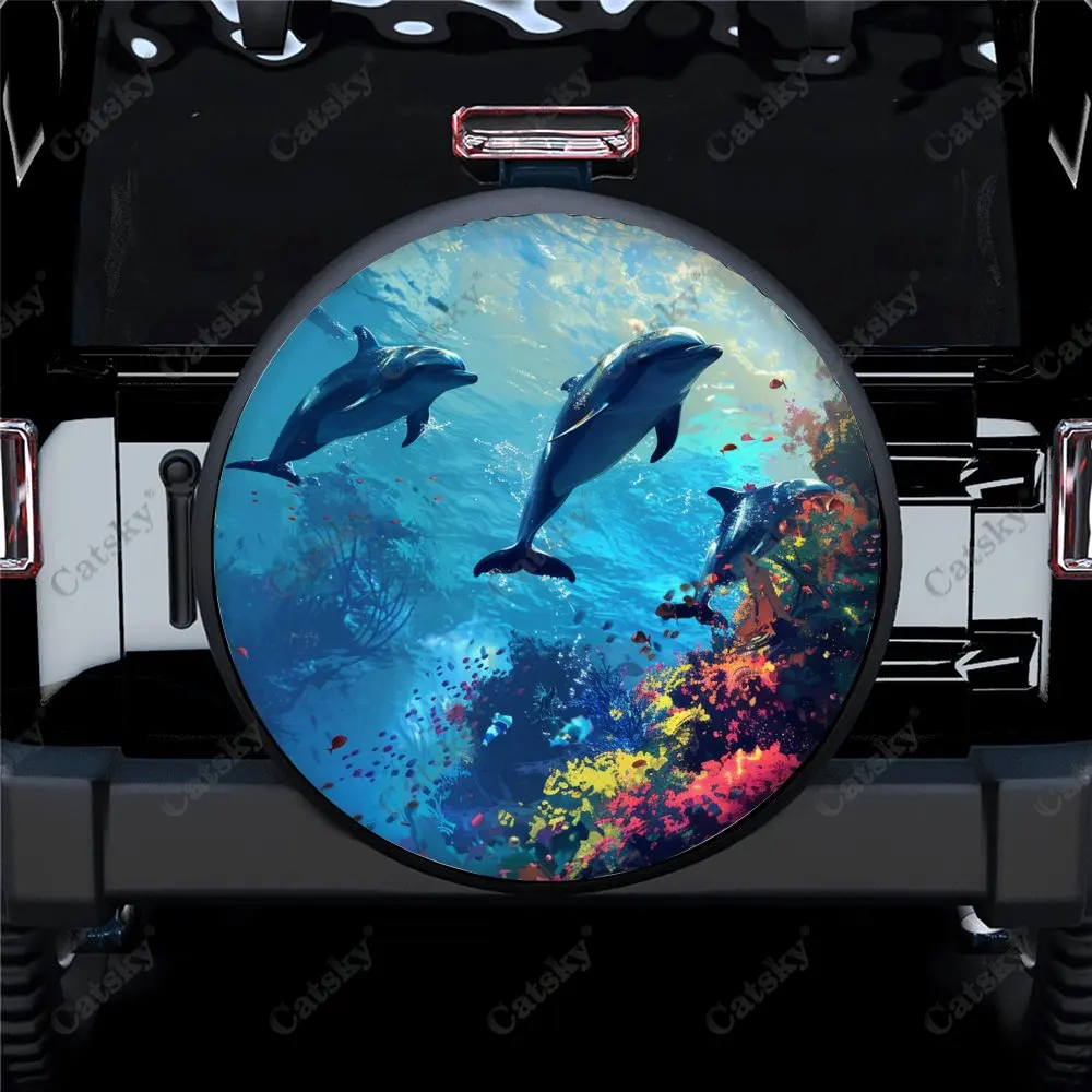 Free Swimming Animal Dolphins Universal Car Spare Tire Cover Auto Accessories Wheel Protect for Trailer SUV Truck Camper14-17in