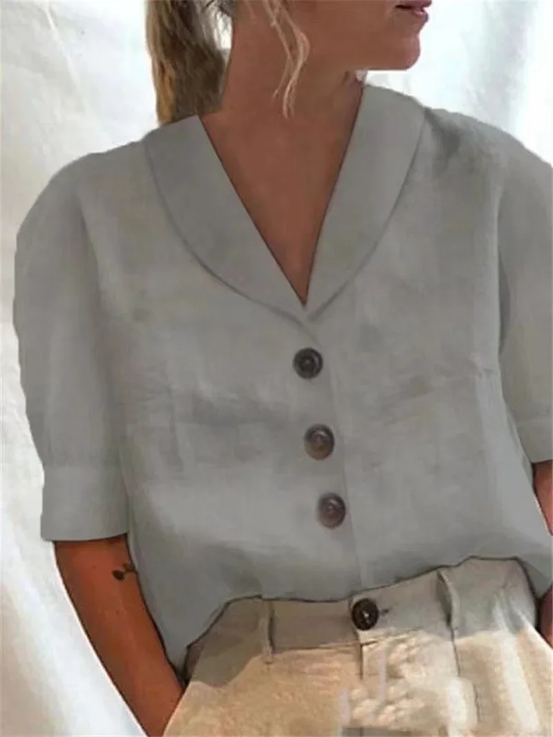 Camisa de lino y algodón para mujer, cárdigan de un solo pecho con solapa, blusa informal de media manga con burbujas, estilo Simple, Color sólido,