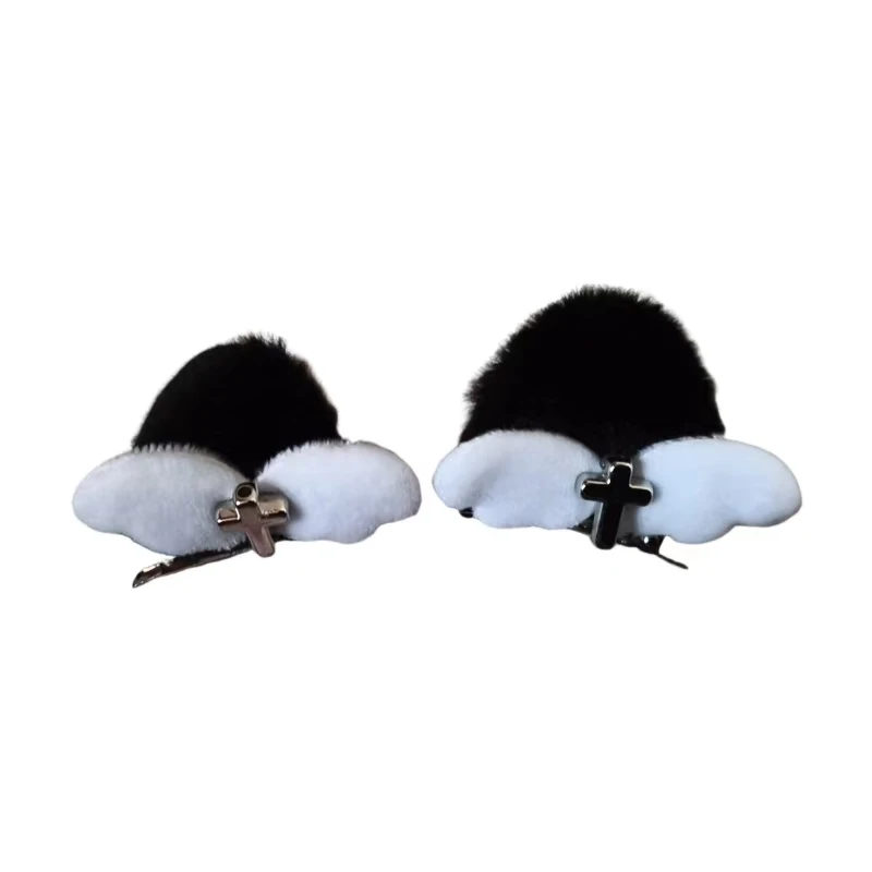 1 Pair White Angel Wing Hairpins Black Cat Ear Cross Gothic Y2K Girls Plush Hair Clips Halloween Cosplay Headwear