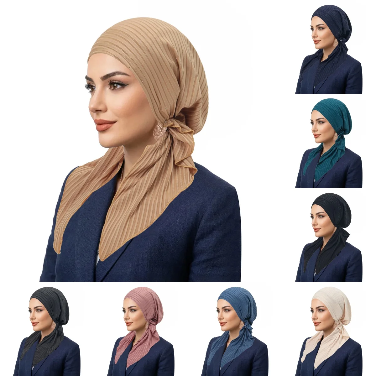 

Однотонные мусульманские хиджабы-тюрбаны с полосками, длинные головные платки, эластичные хиджабы, дышащие шапочки для химиотерапии для женщин и девочек