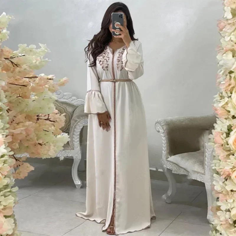 Pearl Gown Dress V-neck Ruffle Sleeve Islamic Muslim Abaya Women Dress Elegant Temperament Robe Moroccan Kaftan Dubai Vestidos