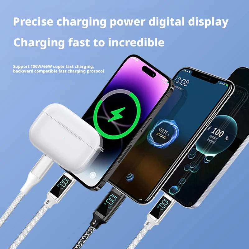 ANSEIP 100 Вт кабель для передачи данных с умным цифровым дисплеем подходит для iPhone 17 16 15 Xiao Mi Samsung Huawei Type-C кабели для быстрой зарядки