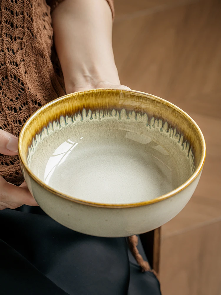 

Vintage Ceramic Bowl 6.5 Inch Round Noodle Salad Bowl Kiln Change Tableware