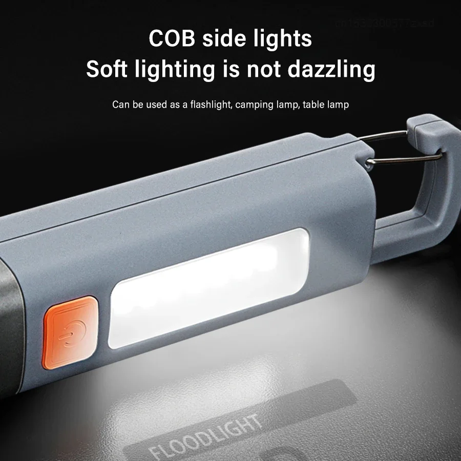 SMILING SHARK Portable LED Flashlight USB Rechargeable with Hook Zoomable Torch for Outdoor Camping Hiking Emergency Lantern