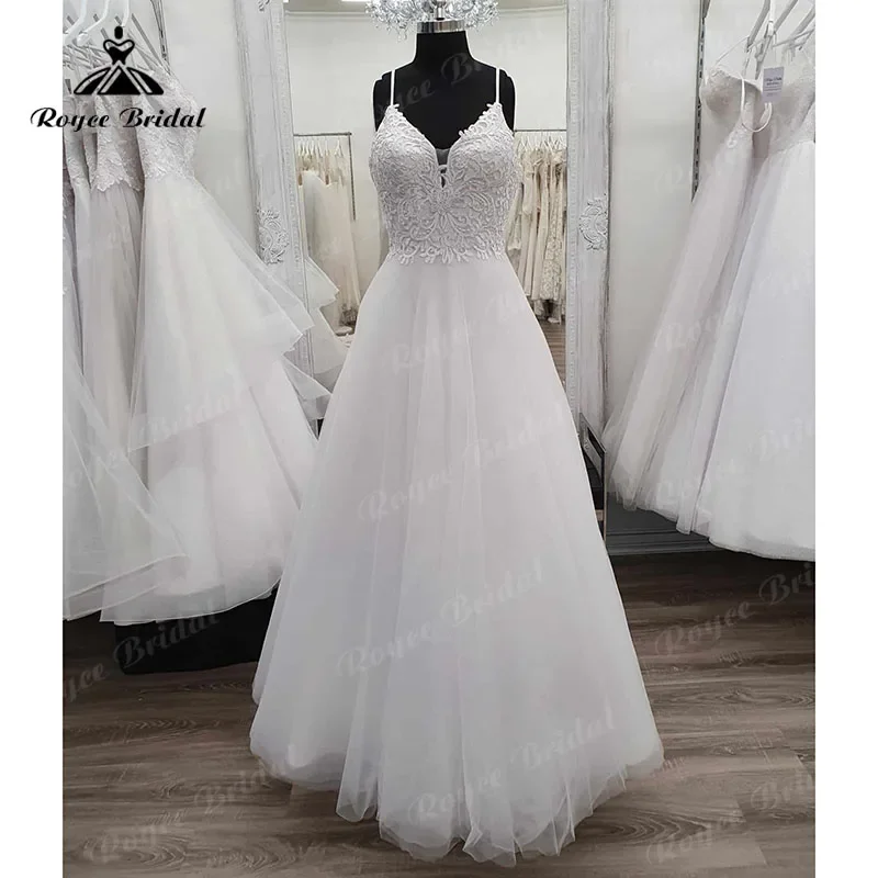

V Neck Lace Bodice Tulle Backless Spaghetti Straps Floor Length Wedding Gowns for Women Beach 2025 Bridal Gown Custom Made