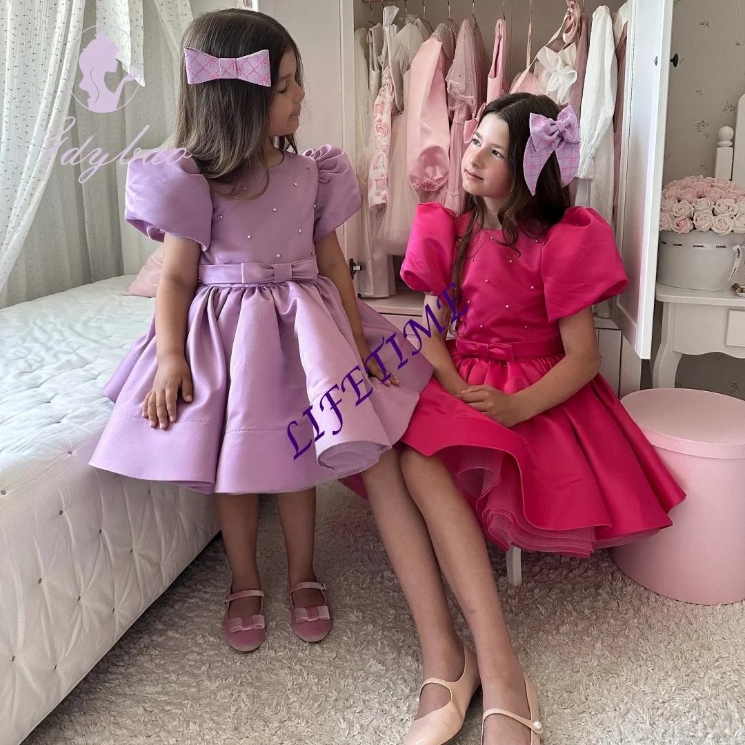 فستان فتاة الزهور الأرجواني المخصص لحفلات الزفاف من الساتان واللؤلؤ الصغير منتفخ بطول الركبة فستان الأميرة للأطفال لأعياد الميلاد الأولى بالتواصل #5